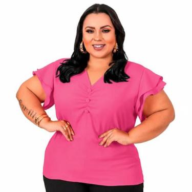 Imagem de Blusa Feminina Plus Size Tamanho Grande Com Botão Encapado e Decote em