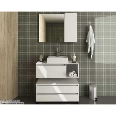 Imagem de Conjunto De Banheiro Armário C- Espelho Bn3602 Balcão Suspenso Bn3601 E Balcão C- Rodizios Bn3603 S- Cuba Pia 80cm Cor Branco - Tecno Mobili