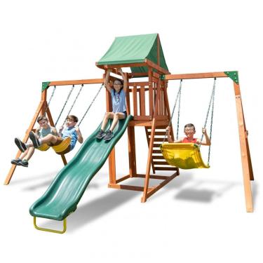 Imagem de Conjunto de Balanços de Madeira Sportspower Sherwood Verde, 3 Balanços Ajustáveis, Escorregador 2,74 m, Deck Coberto, Capacidade 272 kg