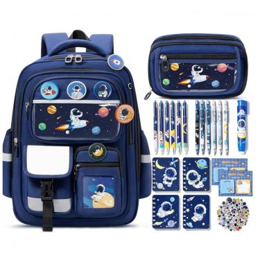 Imagem de Mochila infantil Fimibuke com kit escolar espacial 30 peças poliéster azul