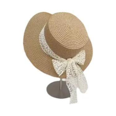 Imagem de Chapéu De Palha Feminino De Aba Larga Estilo Francês Com Laço De Renda