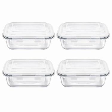 Imagem de Kit 4 Pote Hermético Vidro 1040ml Retangular Marmita Almoço - Gift Uti