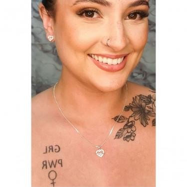 Imagem de Conjunto Floratta Joias Coração Trabalhado com Zircônia em Prata 925 Colar 45CM e Brincos Prata Feminino