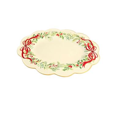 Imagem de Travessa Oval Natal Desenho Festão para Servir e Decorar Mesa em Cerâmica 40cm Branco Tok da Casa