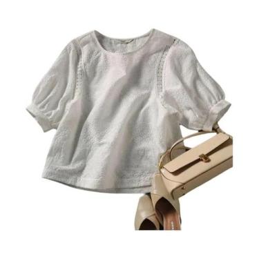 Imagem de Blusa Casual Feminina De Verão Com Bordado Em Algodão E Renda, Decote 