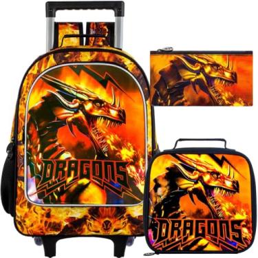 Imagem de ZLYERT 3 unidades de mochila com rodinhas para meninos, mochila infantil com rodas, carro, futebol, dinossauro, mochila com rodas, Dragon Orange01, One Size, Mochilas Daypack