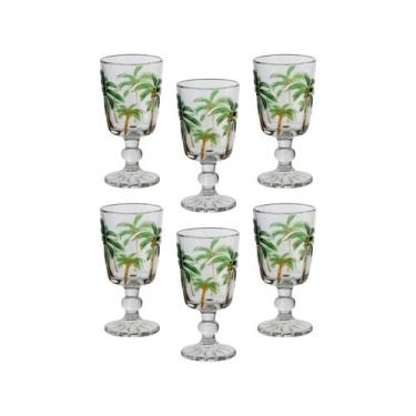 Imagem de Jogo 6 Taças de Vidro Tropical Palm Tree Coqueiro Água Transparente Ly