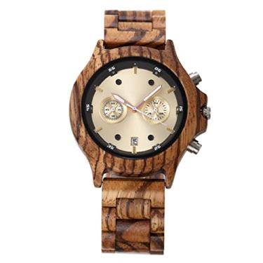Imagem de Relógio de pulso de madeira, relógio masculino de quartzo, pulseira de madeira feita à mão, com mostrador de data e mostrador duplo para presentes de Dia dos Namorados