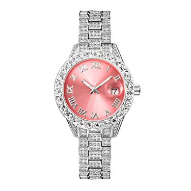 Imagem de Relógio de pulso feminino de quartzo com mostrador rosa, mostrador de data, números romanos, impermeável, aço inoxidável, luminoso, para mulheres, prata