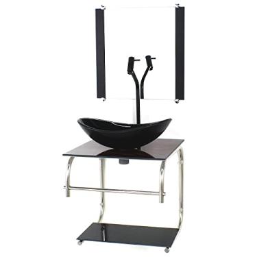 Imagem de GABINETE DE VIDRO CUBA OVAL 40CM INOX MADEIRA NOGUEIRA COM TORNEIRA PRETA