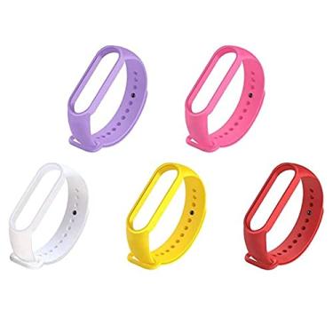 Imagem de Pacote Kit 5 Pulseiras Extras Compatível com Mi Band 5 6 Sport Silicone Cores Vivas (Lilás+Rosa+Branco+Amarelo+Vermelho)