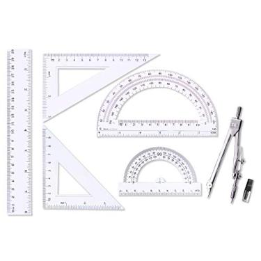 Imagem de Conjunto de Geometria Matemática para Estudantes Oxe, Bússola de Desenho de 10 cm e Régua Triangular Transparente de Matemática de 15 cm 30/60 45/90 Graus e Régua de 20 cm, Conjunto de 6 peças