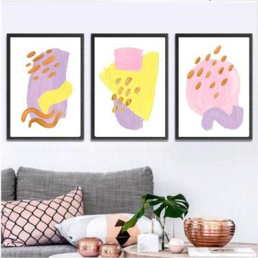 Imagem de Kit 3 Quadros Decorativos Abstratos Rosa, Lilás e Amarelo