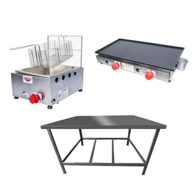 Imagem de Kit Lanchonete Mesa de Manipulação 100x55cm + Fritadeira a Gás 1 Cuba + Chapa a Gás 60cm Alcamar