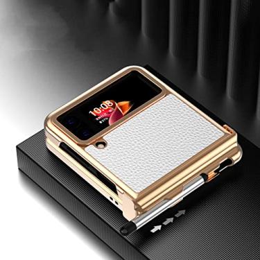 Imagem de Capa de couro anti-queda acessórios para celular para Samsung Galaxy Z Flip 4 5G Flip4 Flip3 Flip 3 Zflip4 Capa dobrável antiderrapante, ouro e branco, para Samsung Z Flip 4