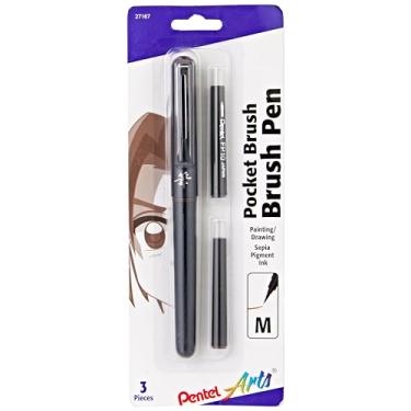 Imagem de Pentel Caneta de tinta de pigmento com pincel de bolso para artes com recargas - (1) caneta pincel de bolso, (2) refis de tinta de pigmento - sépia (GFKP3BPSP), preta