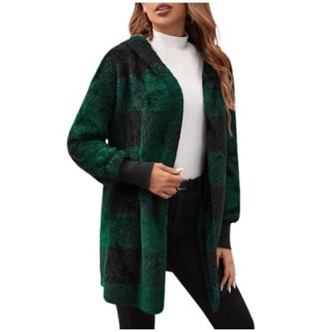 Imagem de Casaco feminino xadrez felpudo casual lapela manga longa botão casaco feminino inverno quente grosso aconchegante jaqueta de lã sherpa, 03#verde, G