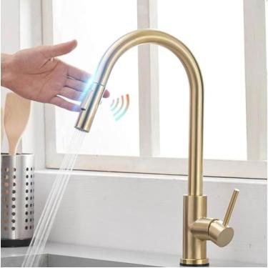 Imagem de Toque inteligente torneiras de cozinha guindaste para sensor misturador da pia água da cozinha girar toque sensor misturador água, 1005, ouro escovado