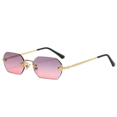 Imagem de Óculos de sol retângulo masculino sem aro octogonal pequeno óculos feminino metal polígono dourado azul marrom uv400 sem moldura, cinza rosa, tamanho único