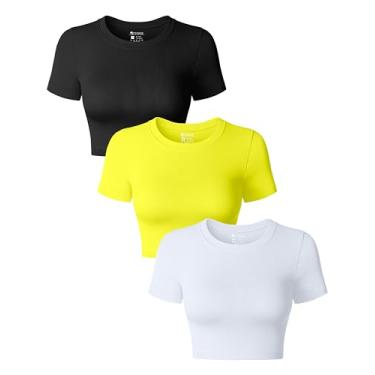 Imagem de OQQ Blusa cropped feminina de 3 peças com gola redonda e manga elástica, Preto, amarelo, branco, Medium