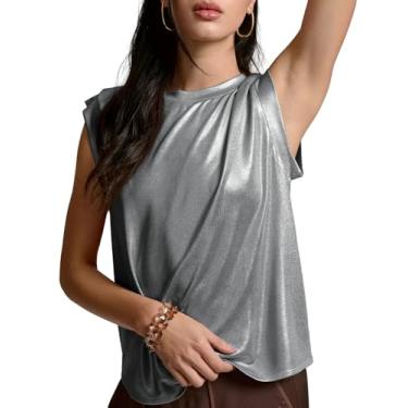 Imagem de Tankaneo Camisetas femininas brilhantes casuais de verão sem mangas gola redonda com glitter, Cinza, G
