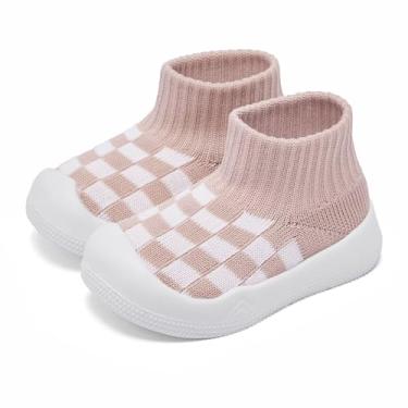 Imagem de Eashi Tênis de Caminhada Infantil Antiderrapante para Bebês Meninos e Meninas Respirável Quente Elástico Meia com Sola de Memória Protege os Dedos Tênis para Ambientes Externos, Rosa Xadrez, 0-9 Meses
