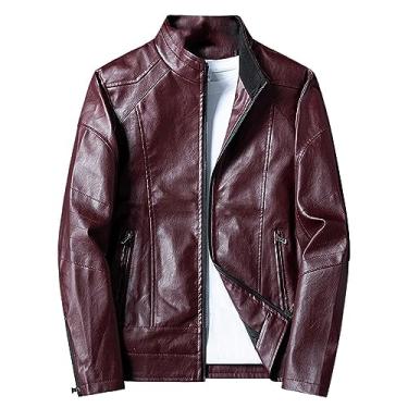 Imagem de Jaqueta masculina de couro, cor sólida, bolso com zíper, gola alta, casaco macio para motociclista, Vinho tinto, XXG
