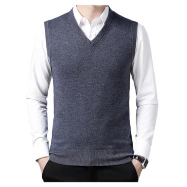 Imagem de Suéter masculino de malha sólido suéter de malha jersey colete leve vintage pulôver suéteres, Cinza, M