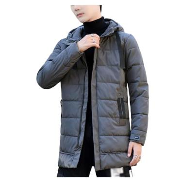 Imagem de Jaqueta masculina acolchoada de cor sólida acolchoada com zíper completo casaco com capuz casual de inverno, Cinza escuro, 3G