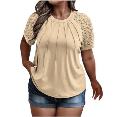 Imagem de Tops de verão plus size para mulheres elegantes blusas de trabalho soltas renda manga curta ilhós camisetas túnicas macias, Caqui, 3G