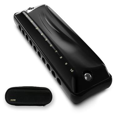 Imagem de JDR Harmonica Key of C Ninja, blues mini harpa 10 furos 20 tons musical com estojo para adultos, iniciantes, professores, estudantes, músico, folk rock, padrão, boca diatônica, órgão preto