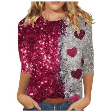 Imagem de Moletom feminino com estampa de carta de amor dos namorados camiseta solta gola redonda manga 3/4 Raglans, Vinho, 3G