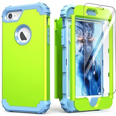 Imagem de IDweel Capa para iPhone 8 com protetor de tela (vidro temperado), capa para iPhone 7, capa 3 em 1 híbrida à prova de choque de policarbonato rígido de silicone macio durável amortecedor de corpo inteiro, capa durável, verde grama/azul claro