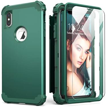 Imagem de IDweel Capa para iPhone Xs Max com protetor de tela (vidro temperado), 3 em 1, absorção de choque, proteção resistente, capa de policarbonato rígido, amortecedor de silicone macio, capa durável, verde grafite/verde escuro