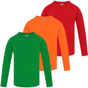 Imagem de Pacote com 3 camisetas de natação Rash Guard de manga comprida FPS + 50 camisetas de sol para crianças pequenas Rashguard, verde, laranja e vermelho, 5-6 Anos
