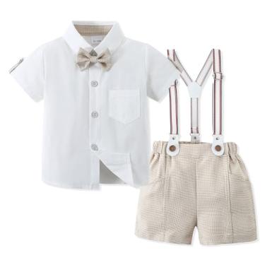 Imagem de SOLOYEE Conjunto de roupas infantis para meninos de 1 a 5 anos, vestido de casamento, camisa de manga curta, gravata borboleta + suspensório, Z Branco, 18-24 Meses