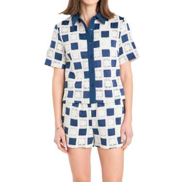Imagem de English Factory Camiseta feminina de crochê patchwork, Azul-marinho multi, M