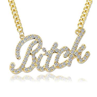 Imagem de Q&Q Fashion Celebridade Urbana Big Bling Bitch Colar Palavra Cristal Pavê Strass Corrente Grossa Melhor Amizade Joias Presente BFF, Metal, Base folheada a ouro