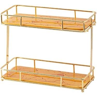 Imagem de Prateleira organizadora de maquiagem, expositor de perfumes de joias com bandeja, caixa de armazenamento de cosméticos para bancada de banheiro de mesa, amarelo, 32x16x25cm