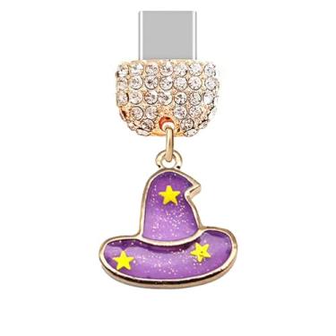 Imagem de ELISE & FONDA TP289 Tipo-C porta de carregamento USB cristal antipoeira chapéu de bruxa pingente de telefone celular para Samsung/Huawei/OnePlus/Xiaomi/oppo telefones Android (roxo), approx.1.9 cm (L)