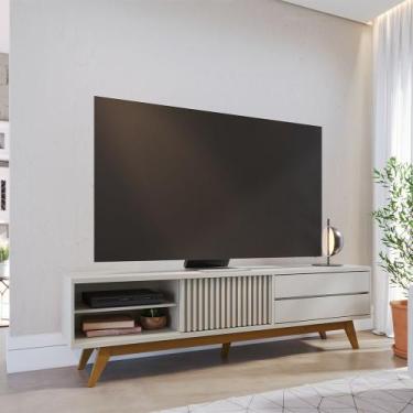 Imagem de Bancada TV Sala de Estar Genebra portas ripadas duas gavetas pés em ma
