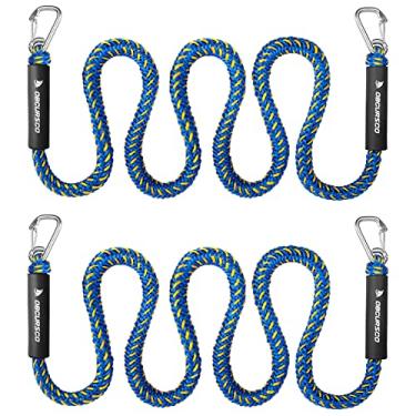 Imagem de Obcursco Linha de doca de bungee, linha de doca de jet ski com clipes duplos de aço inoxidável 316, corda de ancoragem para barco para PWC, acessórios de barco para Waverunner, Seadoo, Kayak, pacote com 2 1,8 m - 2,7 m, amarelo e azul