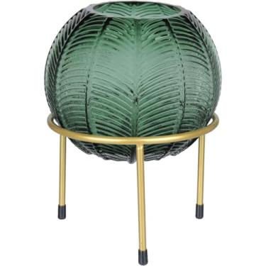 Imagem de VASO DECORATIVO FOLHAS HOME&CO COM SUPORTE METAL VIDRO 21x15x15cm VERDE - Suporte em Metal:7x15x15 cm