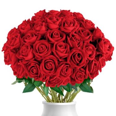 Imagem de AxPower Pacote com 50 rosas artificiais, rosas falsas, flores realistas, para casamento, casa, festa, presente de evento (vermelho)