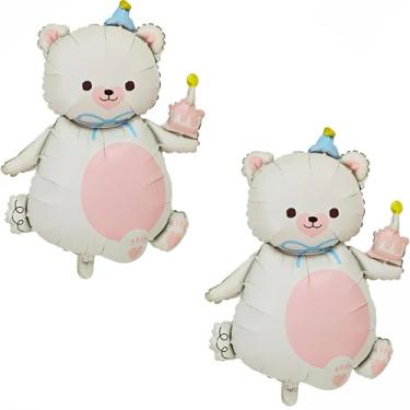 Imagem de 2 peças de urso fosco balão animal com chapéu grande balão de urso marrom segurando vela de aniversário, bolo, urso, balão de alumínio para crianças, selva, safári, zoológico, fazenda, tema de
