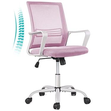 Imagem de Cadeira de escritório de malha ergonômica rosa com encosto médio – Cadeira de mesa giratória com apoio lombar