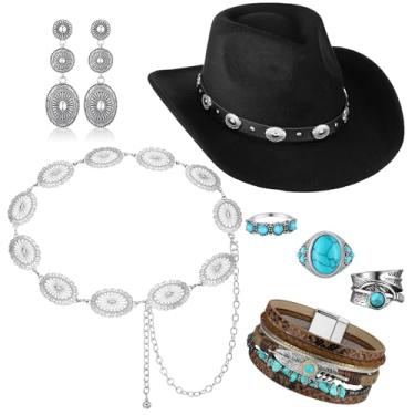 Imagem de Ecally Conjunto de 7 peças de joias boho chapéu de cowboy de palha com colar turquesa vintage pulseira de rodeio brincos pendentes para mulheres, liga metálica, turquesa, couro artificial, Turquesa