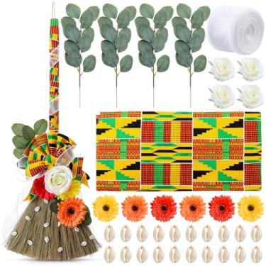 Imagem de Yungyan Vassouras de casamento Kente Bride Bridegroom DIY Whisk Vassouras para casamento 30 x 73 cm com tecido Kente Gerbera Margaridas africanas para artesanato de cerimônia de casamento