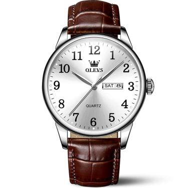 Imagem de Relógio OLEVS masculino impermeável analógico com pulseira de couro marrom 39 mm