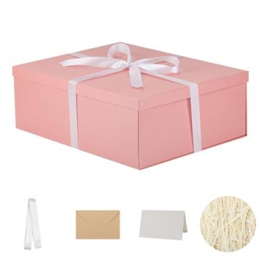 Imagem de OBMMIRAO Caixa de presente extra com tampa 43 x 33 x 15 cm, caixa de presente rosa para presente embalagem para aniversários, Dia dos Namorados, Natal, aniversários (inclui enchimento de papel